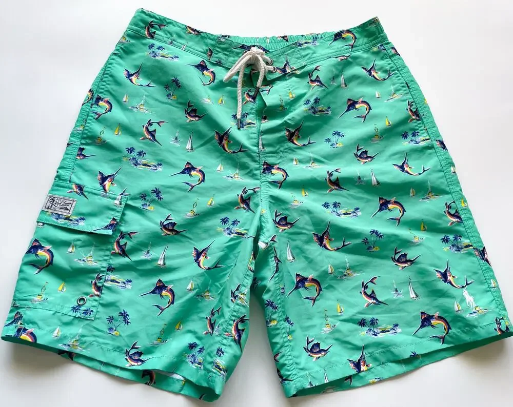 Men's Polo Ralph Lauren Teal Sword Fish Swim Trunks Size Medium